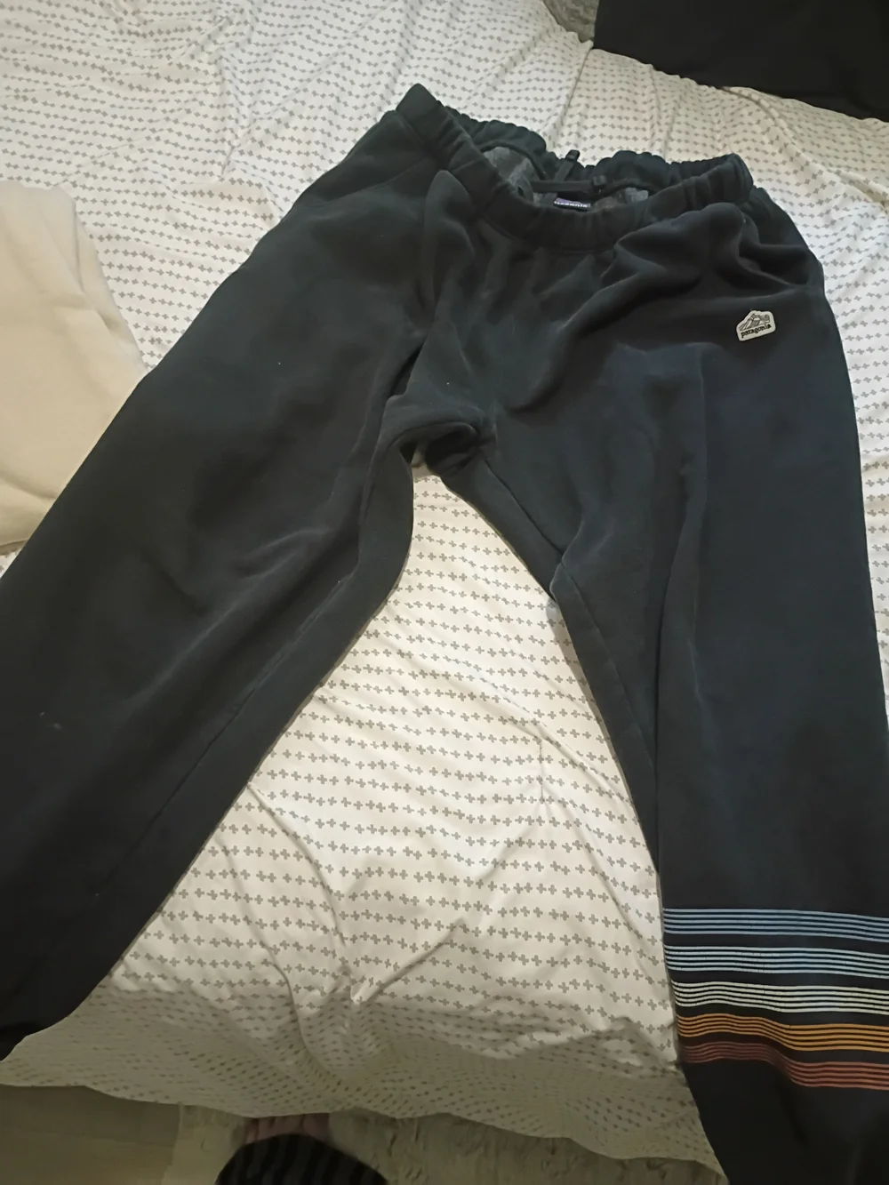 Patagonia Black Mens Sweatpants with Striped Hem Detail